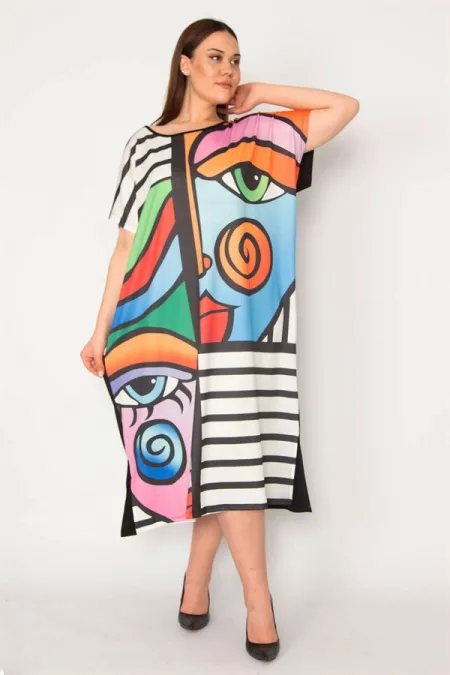 KADIN SİYAH DİJİTAL BASKILI YAN CEPLİ UZUN RENKLİ ELBİSE