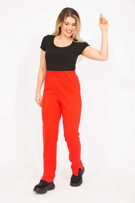 Kadın Kırmızı 3 İplik Polar İçi Şardonlu  Paçası Yırtmaçlı Eşofman Alt 65N35273