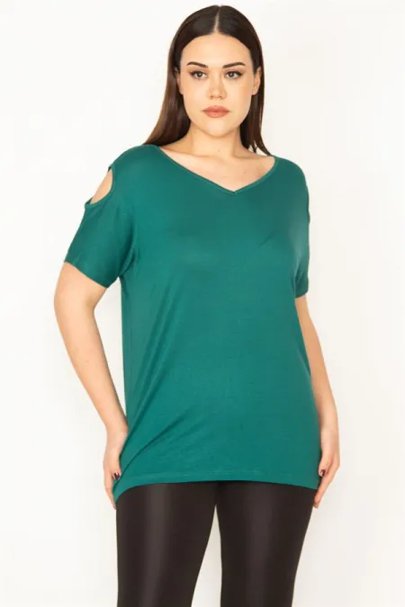 KADIN YEŞİL OMUZ DEKOLTELİ VİSKON BLUZ