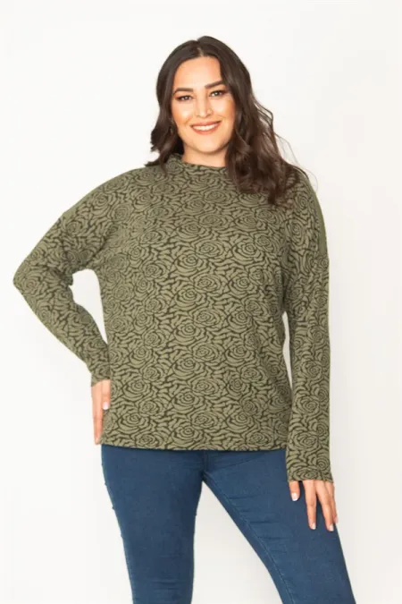 Kadın Haki Jakar Desenli Sıfır Yakalı Uzun Kollu Tunik 65N30418