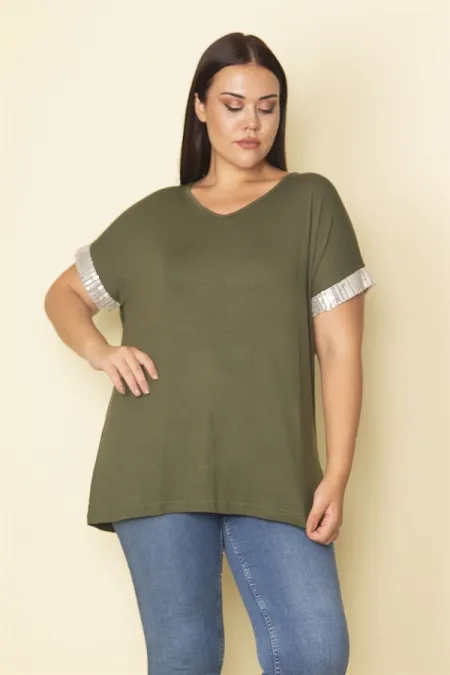 Kadın Haki Kolları Payet Detaylı V Yakalı Viskon Bluz 65N28743