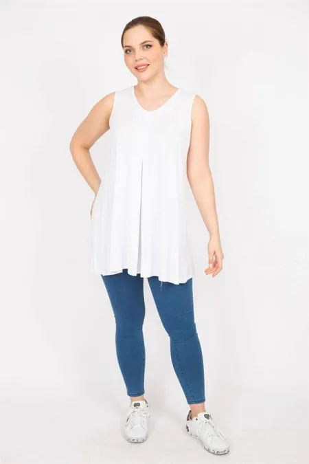 Kadın Beyaz Büyük Beden Önü A Pileli V Yakalı Uzun Bluz