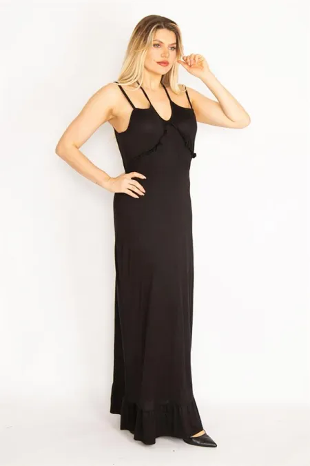 Kadın Siyah Askı Ve Yakası Fırfır Detaylı Etek Ucu Katlı Uzun Elbise 65N35236