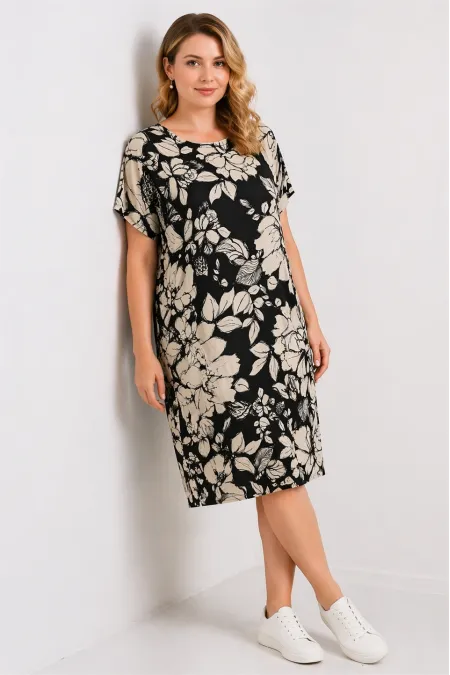 Kadın Büyük Beden Siyah, Çiçek Desenli Cepli Viskon Elbise 65N39471