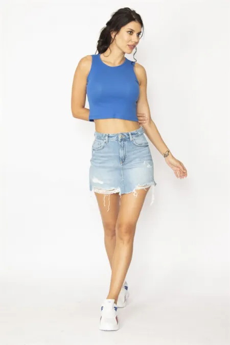 KADIN MAVİ YIRTIK DETAYLI YANI ŞERİTLİ 5 CEP MİNİ KOT ETEK