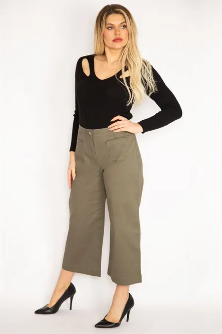 Kadın Haki Likralı Gabardin Kumaş Ön Cepli Pantolon 65N35249