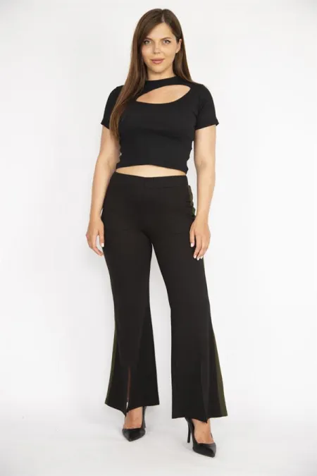 Kadın Siyah Büyük Beden Yırtmaç Detaylı Geniş Paçalı Yan Şeritli Eşofman Alt