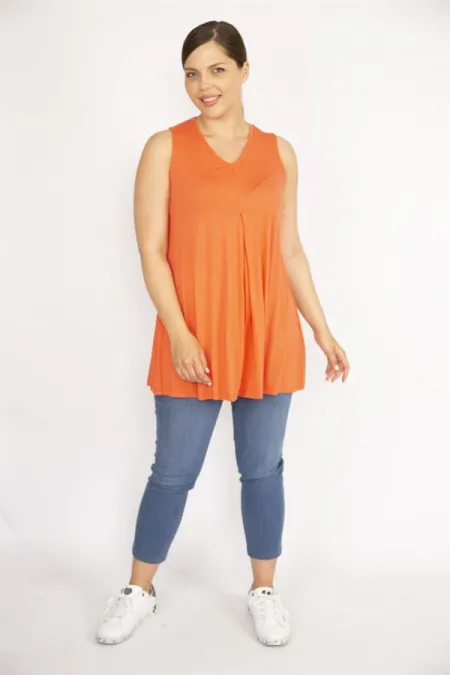 Kadın Oranj Büyük Beden V Yakalı Önü A Pile Bluz