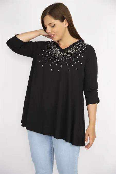 Kadın Siyah Büyük Beden Taş İşli V Yaka Kolu Lastik Büzgülü Bluz