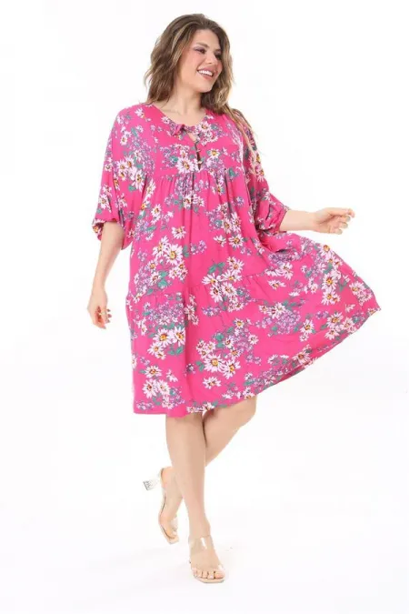 Kadın Büyük Beden Renkli Ön Pat Düğmeli Göğüs Büzgülü Yarasa Kollu Elbise 65N37959