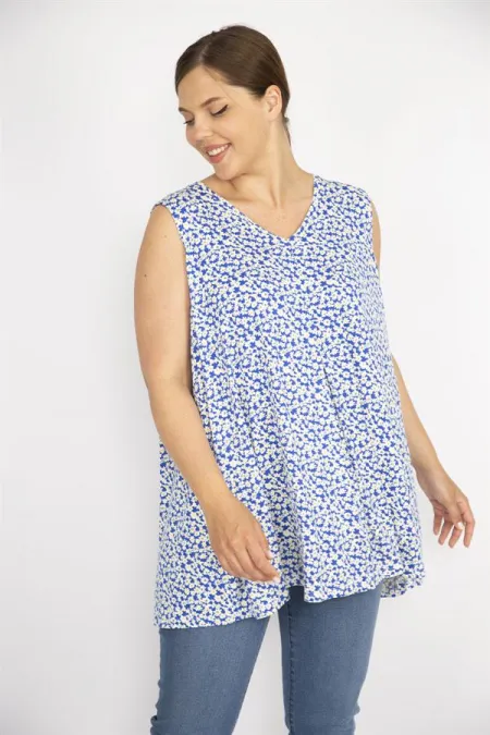 Kadın Mavi Büyük Beden V Yakalı Önü A Pile Çiçek Desenli Bluz