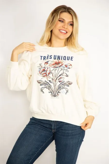 Women's Bone 3 Yarn Thick Front Printed Shoulder Gathered Ribbed Sweatshirt 65N34846