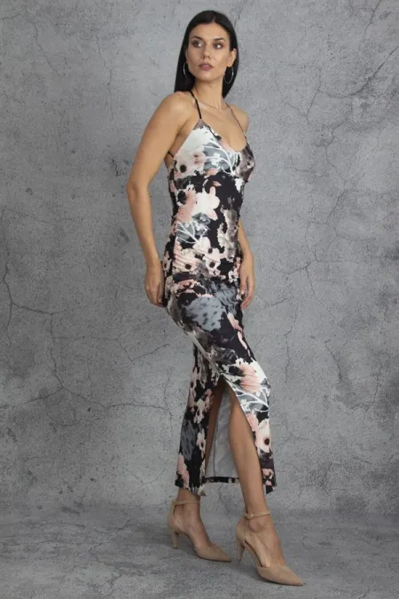 Kadın Renkli Askılı Yanları Lastik Detaylı Sırt Dekolteli Elbise