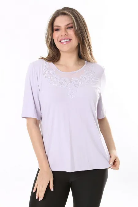 Kadın Büyük Beden Lila Yaka Detaylı Kısa Kollu Bluz 65N37852