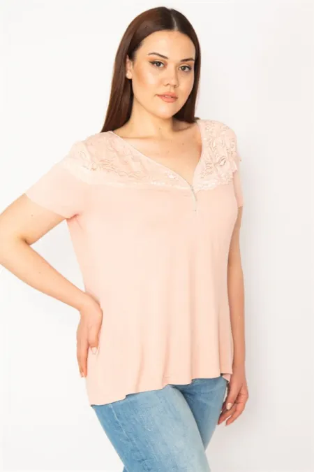 KADIN SOMON ÖN PATI FERMUARLI DANTEL DETAYLI BLUZ