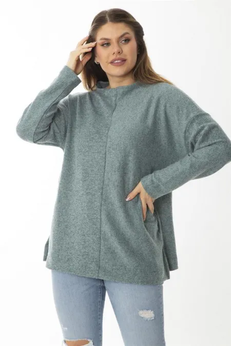 Kadın Büyük Beden Yeşil Yün Viskon Kumaş Sıfır Yakalı Yan Yırtmaçlı Tunik 65N37019