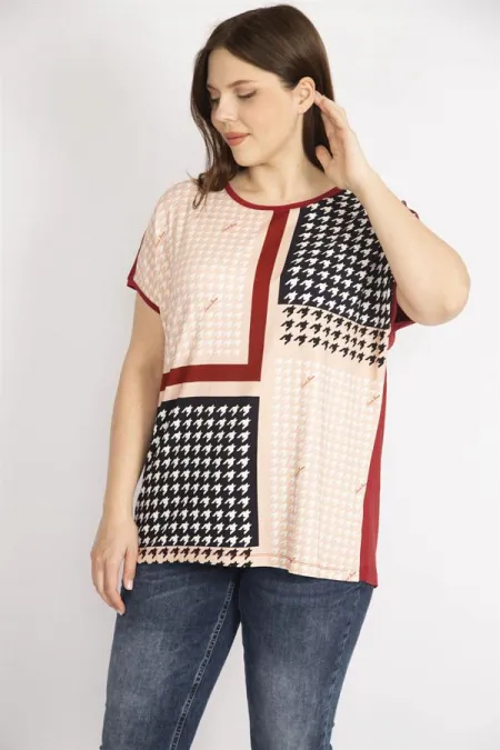 Kadın Renkli Büyük Beden Önü Kazayağı Desenli Bluz