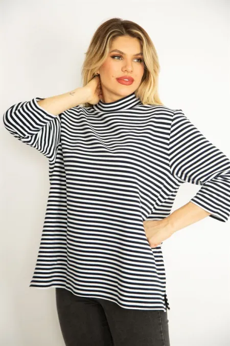 Kadın Lacivert Dik Yakalı Çizgili Kapri Kollu Tunik 65N35063