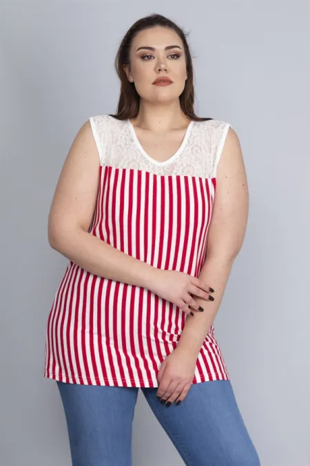 Kadın Kırmızı Robası Dantel Detaylı Çizgili Viskon Bluz 65N22750