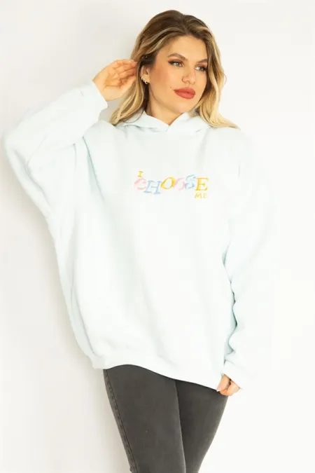 Women's Blue 3-Thread Polar Fleece Embroidery Detailed Hooded Sweatshirt 65N35078