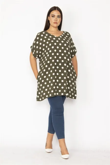 Kadın Haki V Yakalı Duble Kollu Puan Desenli Tunik 65N35337
