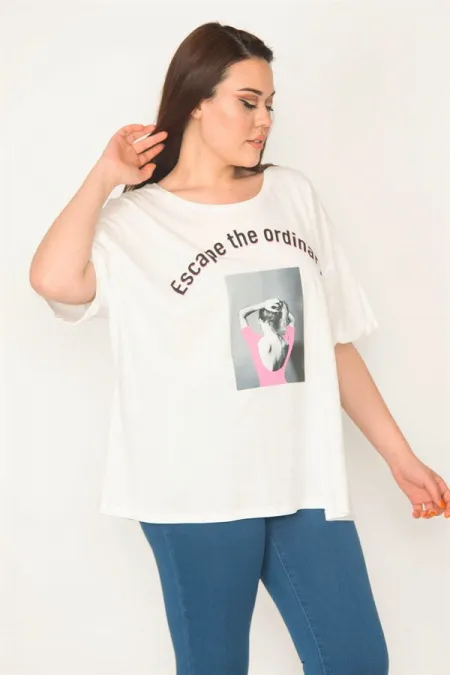 KADIN KEMİK RAHAT KESİM BİSİKLET YAKA ÖN BASKILI BLUZ