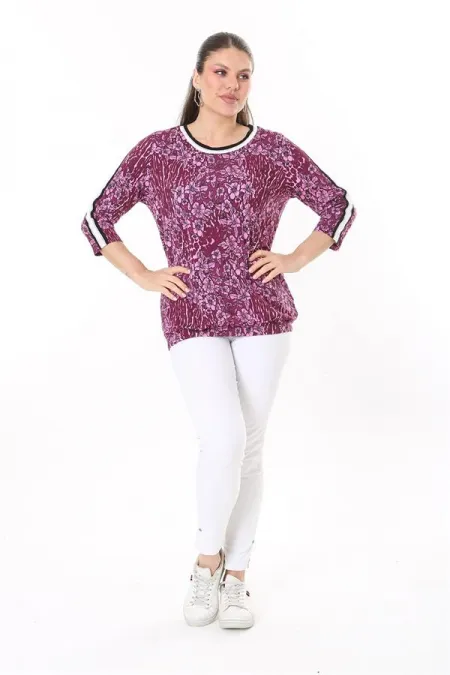 Kadın Büyük Beden Mürdüm Yaka Ve Kolları Sim Şerit Detaylı Uzun Kollu Bluz 65N37709