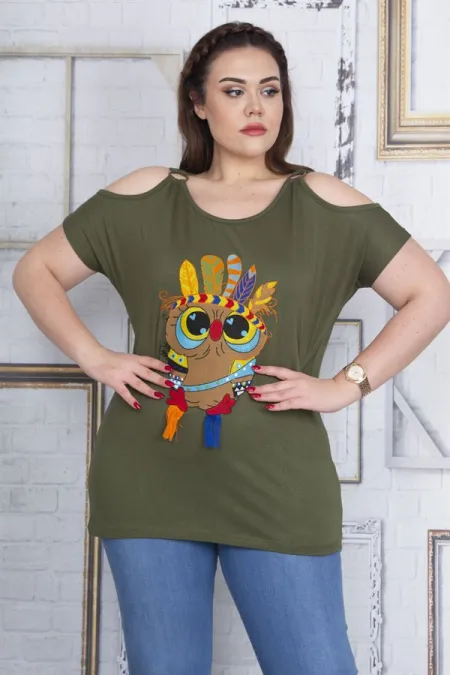 Kadın Haki Ön Nakış Detaylı Omuz Dekolteli Bluz 65N22720