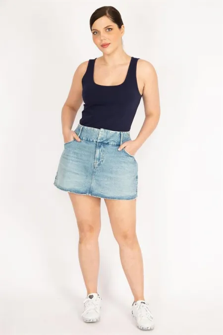 Kadın Mavi Büyük Beden Ön Fermuarlı Likralı Kot Etek