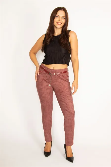 Kadın Renkli Bel Lastikli Süs Cepli Likralı Ekose Desen Kumaş Pantolon 65N34540