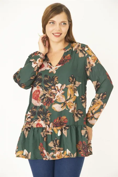 Kadın Büyük Beden Yeşil V Yakalı Etek Ucu Katlı Astarlı Şifon Tunik 65N36955