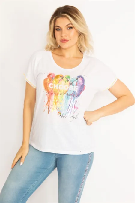 Kadın Beyaz Ön Baskılı Kolları Ribanalı Bluz 65N34715