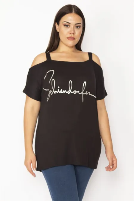 Kadın Siyah Askılı Omuz Dekolteli Lak Baskılı Bluz 65N28776