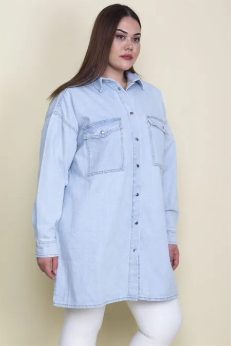 Kadın Mavi Salaş Kesim Çıtçıt Düğmeli Oversize Kot Tunik Ceket 65N28048