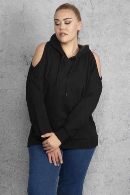 Kadın Haki Kapşonlu Omuz Dekolteli Sweatshirt 65N18831