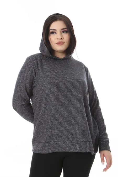 Women's Plus Size Anthracite Wool Viscose Fabric Hooded Sweatshirt 65N38520