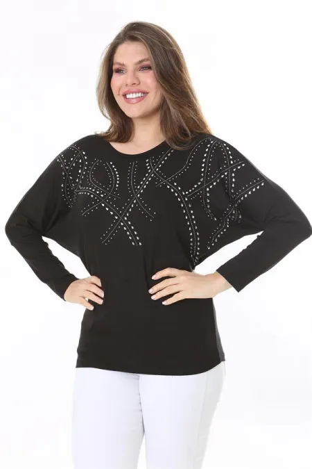 Kadın Büyük Beden Siyah Taş Detaylı Yarasa Kol Bluz 65N37804