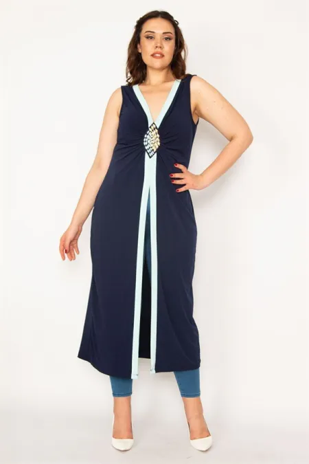 Kadın Lacivert Göğsü Taş Detaylı Kap 65N33205