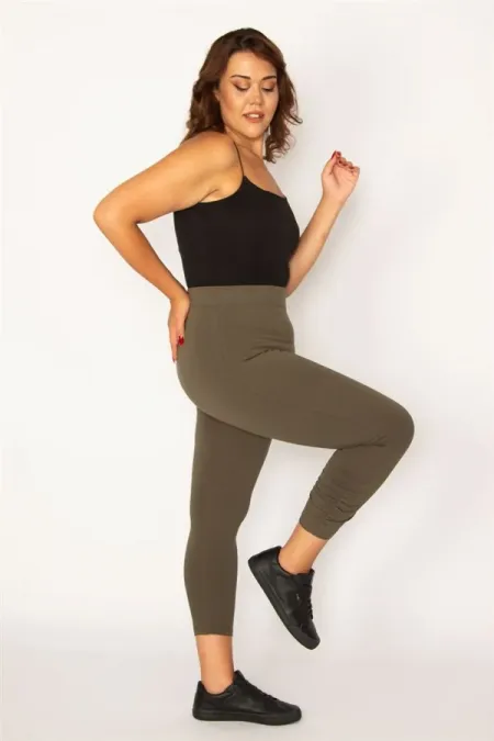 Kadın Haki Pamuklu Kumaş Paçası Büzgü Detaylı Tayt Kapri  65N34125