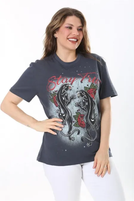 Kadın Büyük Beden Füme Pamuklu Kumaş Kısa Kollu Baskı Ve Taş Detaylı Bluz 65N38036