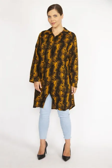 Kadın Büyük Beden Hardal Ön Düğmeli Uzun Kollu Gömlek