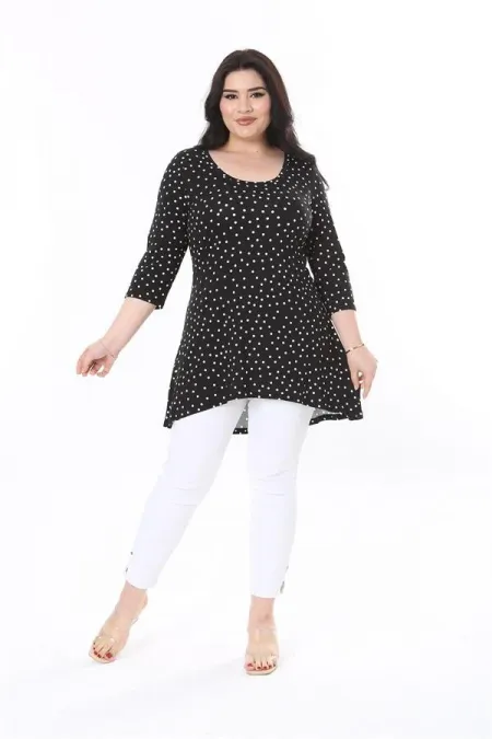 Kadın Büyük Beden Siyah Puan Desenli Kapri Kollu Bluz 65N38010