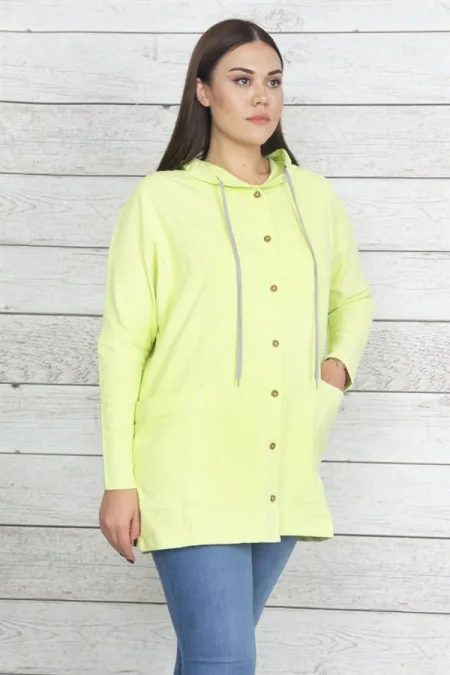 Kadın Yeşil Pamuklu Kumaş Kapüşonlu Ön Düğmeli Sweatshirt 65N20439