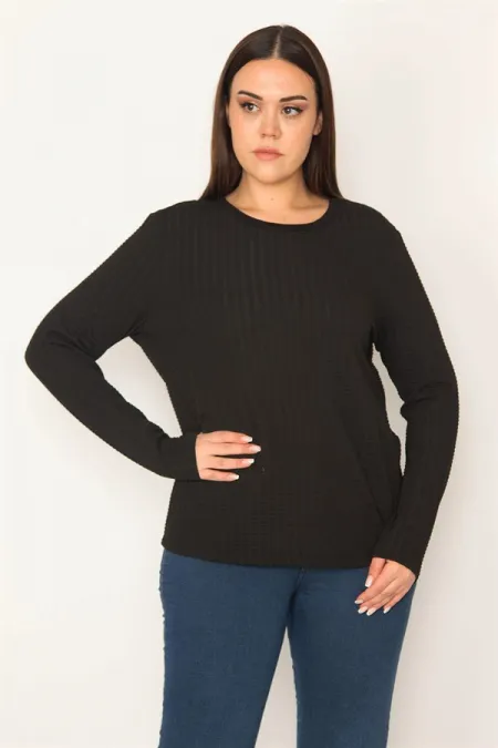 KADIN SİYAH BİSİKLET YAKA KENDİNDEN KABARTMA DESENLİ BLUZ