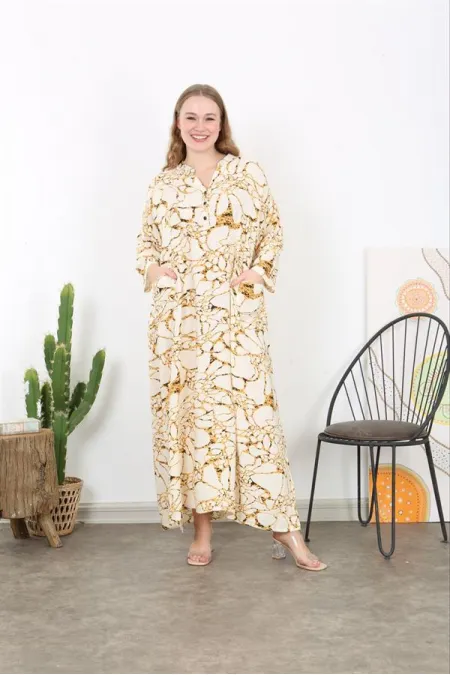 Kadın Büyük Beden Kemik Dokuma Viskon Kumaş Ön Pat Düğmeli Uzun Kollu Elbise 65N38730