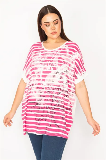 Kadın Fuşya Ön Desenli Düşük Kollu Bluz 65N30192