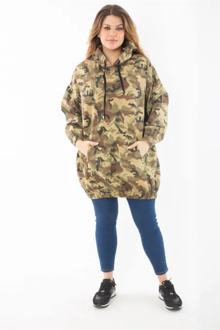 Women's Plus Size Khaki Casual Cut Camouflage Patterned Hooded Kangaroo Pocket Long Sweatshirt 65N37298