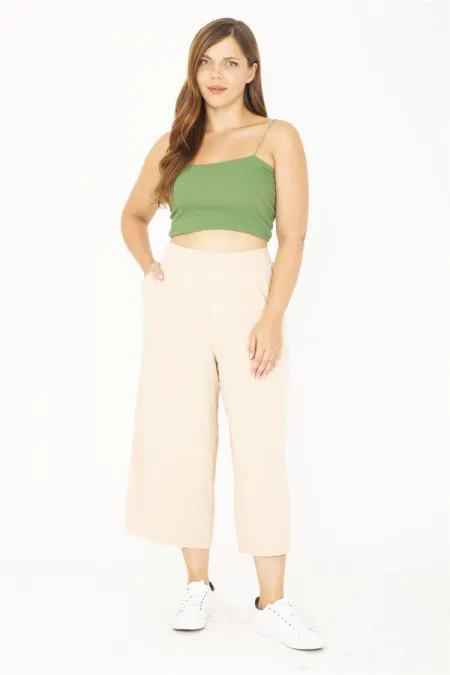 Kadın Büyük Beden Bej Geniş Paçalı Beli Lastikli Yan Cepli Viskon Pantolon 65N36807