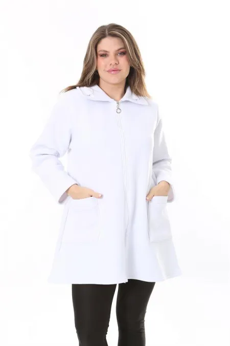 Kadın Büyük Beden Beyaz İçi Şardonlu Ön Fermuarlı 3 İplik Ceket 65N37788