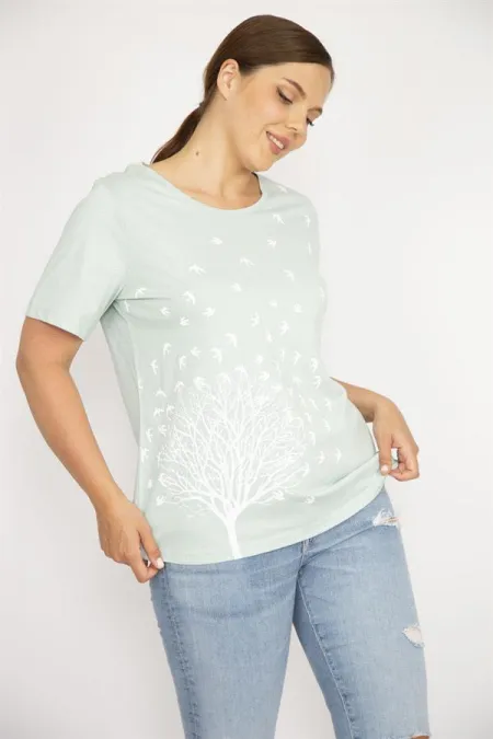 Kadın Yeşil Büyük Beden Pamuk Kumaş Ön Baskılı Kısa Kollu Bluz